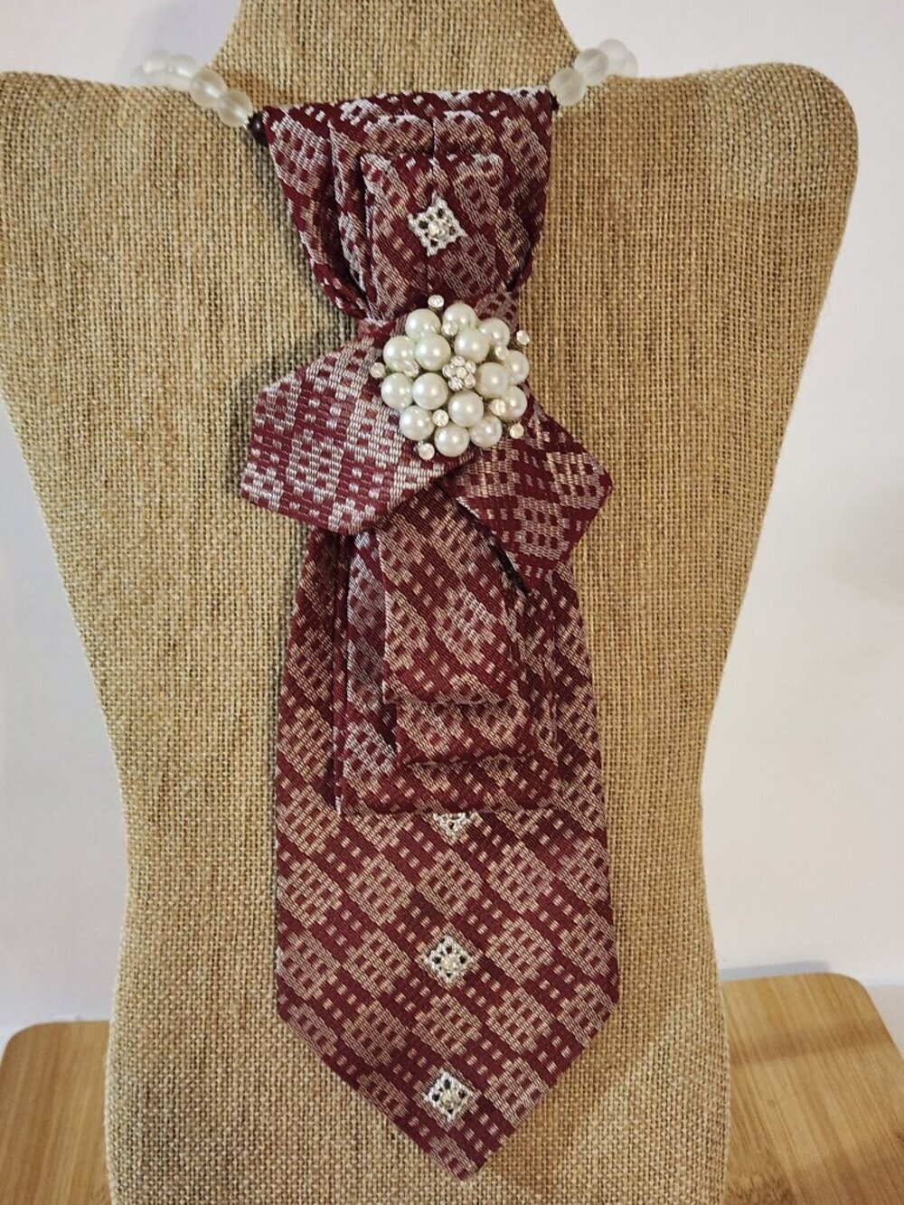 Hand Crafted Necktie Necklace with Pearl Accent Handmade Necklace Red White